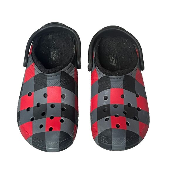 Crocs Classic Clogs, Fleece Lined, Red Black Gray Checkered, Womens Size 9, Men7 - Picture 1 of 9